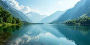 Tranquil lake with lush greenery and soft mountains.