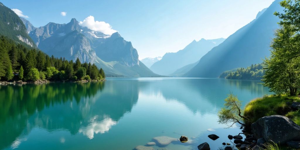 Tranquil lake with mountains and greenery under blue sky.