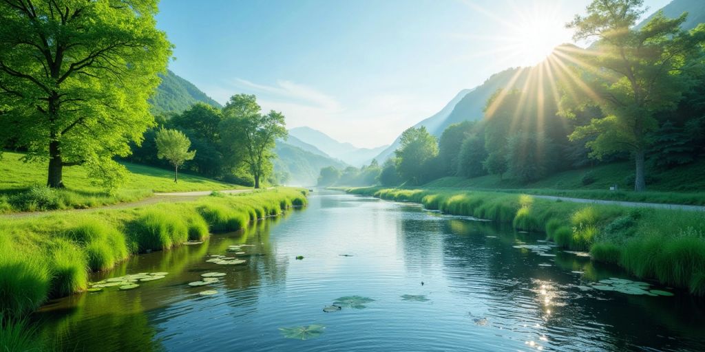 Tranquil river with greenery under a clear blue sky.