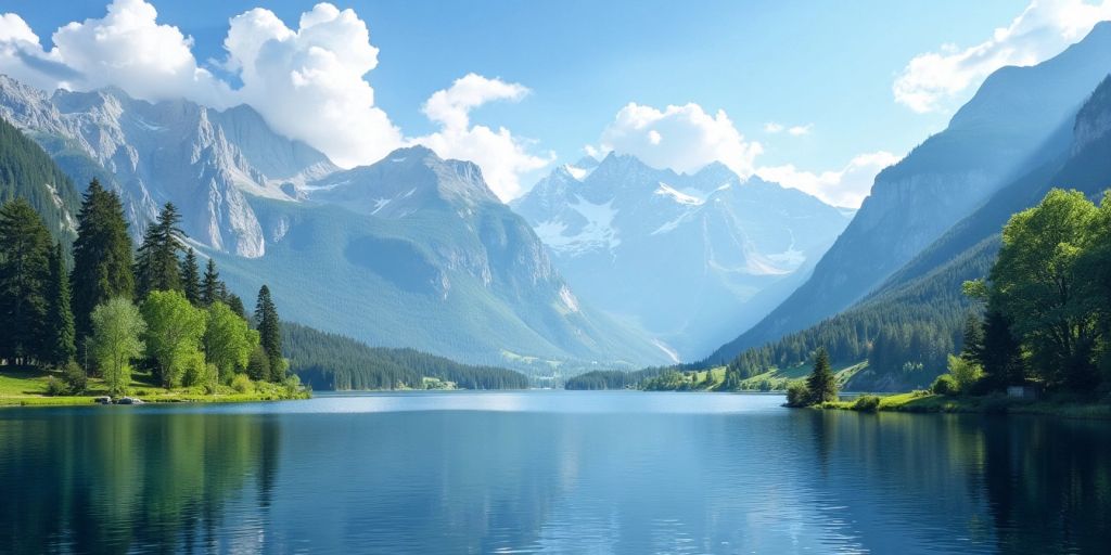 Tranquil lake with mountains and greenery under blue sky.