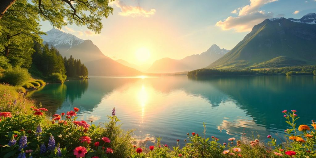 Sunrise over a lake with greenery and flowers.