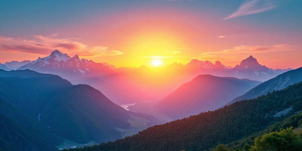 Sunrise over mountains with clear blue sky and greenery.