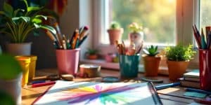 Colorful art supplies and a sketchbook in a bright room.